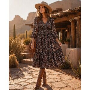 Cleobella Carly Midi Dress Boho Long Sleeve Tie Waist Prairie Medium Western